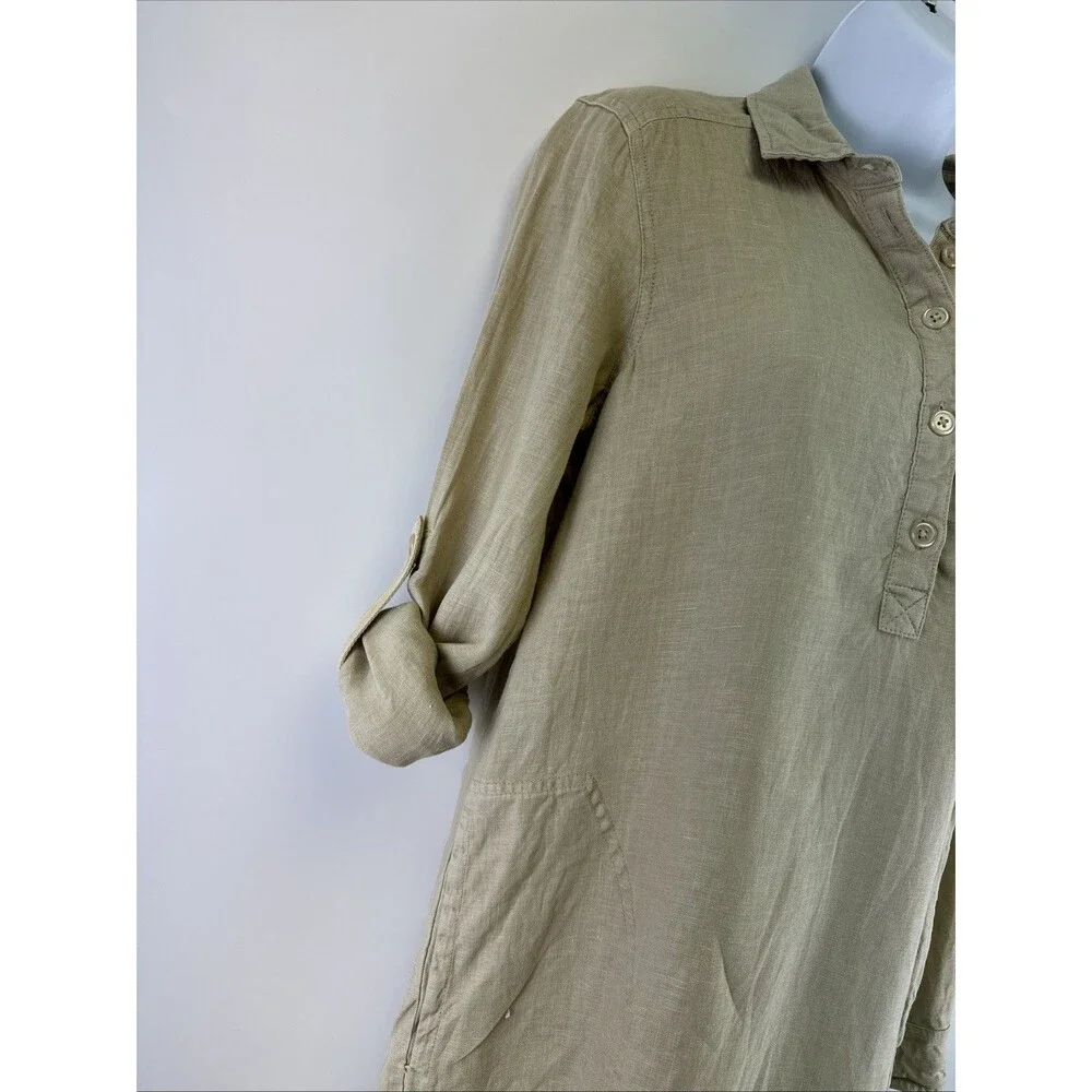 Michael Stars Eleanor Utility Shirt‎ Dress Linen Roll Tab Sleeves Natural Tan XS